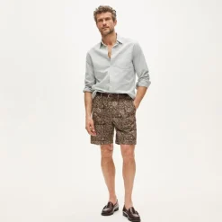 8" pleated cotton-linen blend short in batik print
