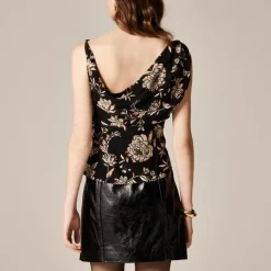 Asymmetrical cowlneck top in floral crepe de chine