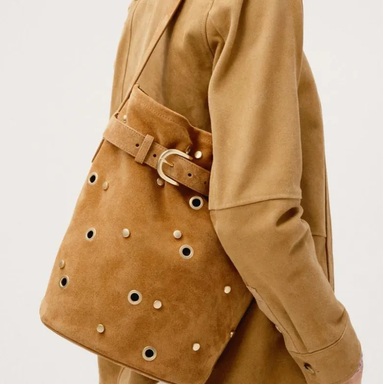 Berkeley belted bucket bag in studded suede