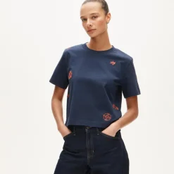 Boyfriend jersey relaxed cropped T-shirt with floral chain stitch