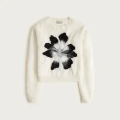 Brushed cashmere crewneck sweater with intarsia floral