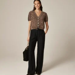 Brushed cashmere short-sleeve cardigan in leopard print
