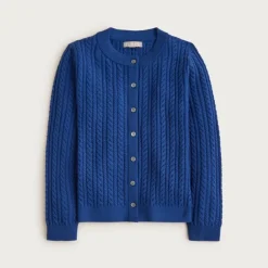 Cable-knit crewneck cardigan in merino wool