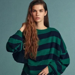 Cashmere blouson-sleeve sweater in stripe