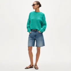 Cashmere cable-knit blouson-sleeve sweater