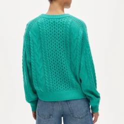 Cashmere cable-knit blouson-sleeve sweater