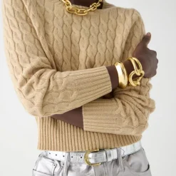 Cashmere shrunken cable-knit crewneck sweater with Lurex® threads