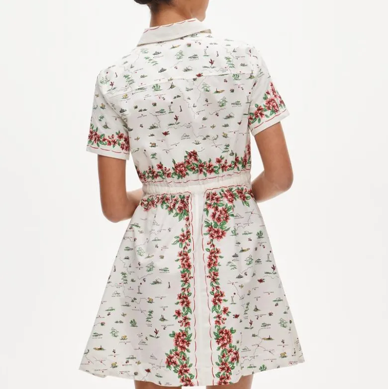 Cerise mini shirt-dress in map-print cotton poplin