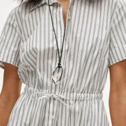 Cerise mini shirt-dress in striped cotton poplin