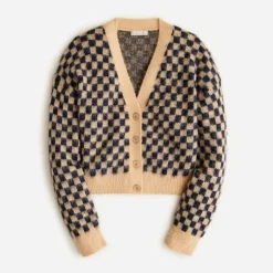 Checkered V-neck cardigan sweater in brushed yarn