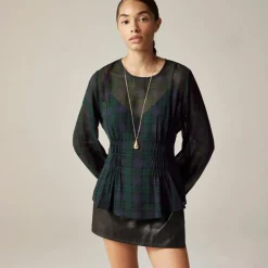 Chiffon shirred-waist top in Black Watch tartan