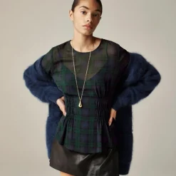 Chiffon shirred-waist top in Black Watch tartan