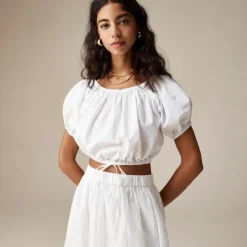 Cinched-waist cropped top in cotton poplin