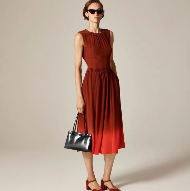 Cinched-waist midi dress in dip-dyed crepe de chine