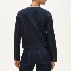 Collarless denim trucker jacket