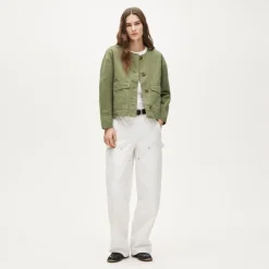Collarless utility jacket in brushed cotton twill