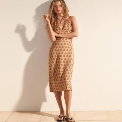 Collection embellished halter dress in tonal tulip block print