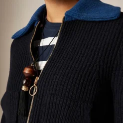 Colorblock collared full-zip sweater in wool