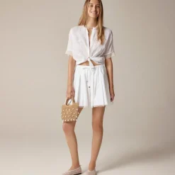 Embroidered lace-trim button-up shirt in cotton voile