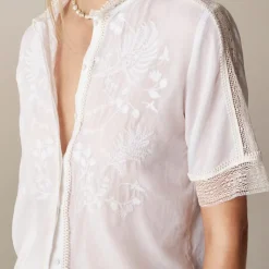 Embroidered lace-trim button-up shirt in cotton voile