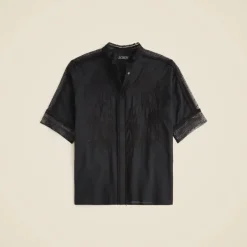 Embroidered lace-trim button-up shirt in cotton voile