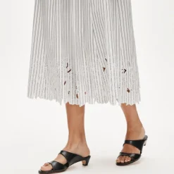 Embroidered pull-on midi skirt in striped cotton poplin