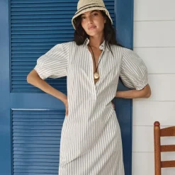 Embroidered shirt-dress in striped cotton poplin