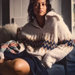 Fair Isle johnny-collar sweater in bouclé yarn
