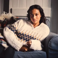Fair Isle johnny-collar sweater in bouclé yarn