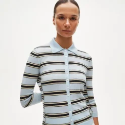 Featherweight cashmere collared cardigan in mixed stripe