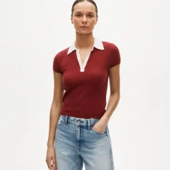 Featherweight cashmere pointelle sweater-polo with contrast collar