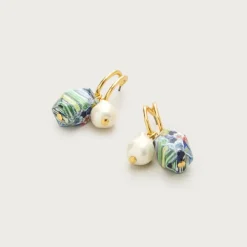 Freshwater pearl and painted stone hoop earrings