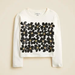 Girls' long-sleeve flower grid graphic T-shirt with sequins