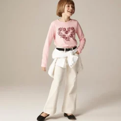 Girls' long-sleeve rosette heart graphic T-shirt with flocking