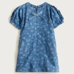 Girls' puff-sleeve cherry dress in drapey denim