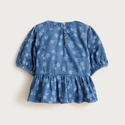 Girls' puff-sleeve cherry top in drapey denim