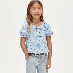 Girls' puff-sleeve top in crinkle jersey