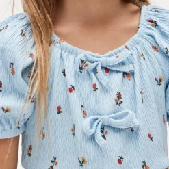 Girls' puff-sleeve top in crinkle jersey
