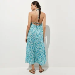 Halter beach dress in blue floral