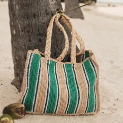 Handknotted straw tote bag in stripe