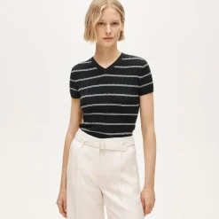 High V-neck ribbed pointelle sweater-tee in stripe