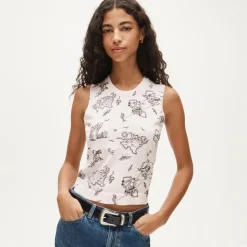 Jackie sweater shell in road trip–print premium ultra-fine cotton blend