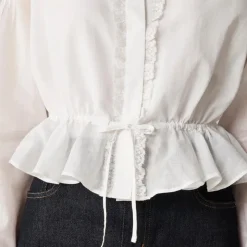 Lace-trim cinched-waist top in cotton voile