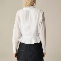 Lace-trim cinched-waist top in cotton voile