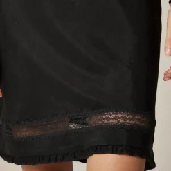 Lace-trim slip skirt in matte textured satin