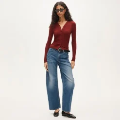 Lightweight rib high V-neck cardigan top