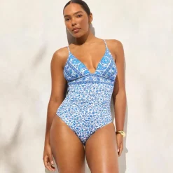 Long-torso ruched plunge one-piece in bandana block print