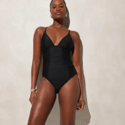 Long-torso ruched plunge one-piece