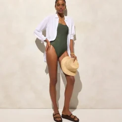 Long-torso ruched squareneck one-piece swimsuit