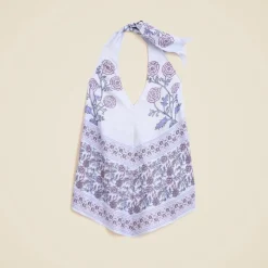Open-back halter top in dusty periwinkle block print